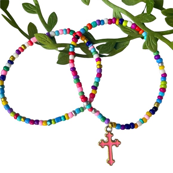 Handmade Colorful Glass Beaded Anklet Set with Cross - Picture 2 of 3